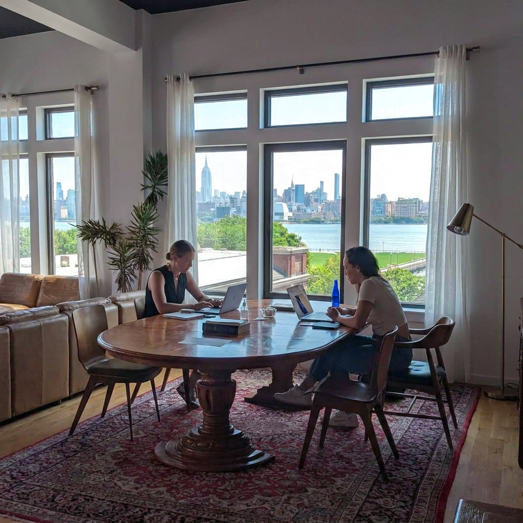 sweven hoboken open workspace with hardwood floors, lounge seating, and large windows letting in natural light